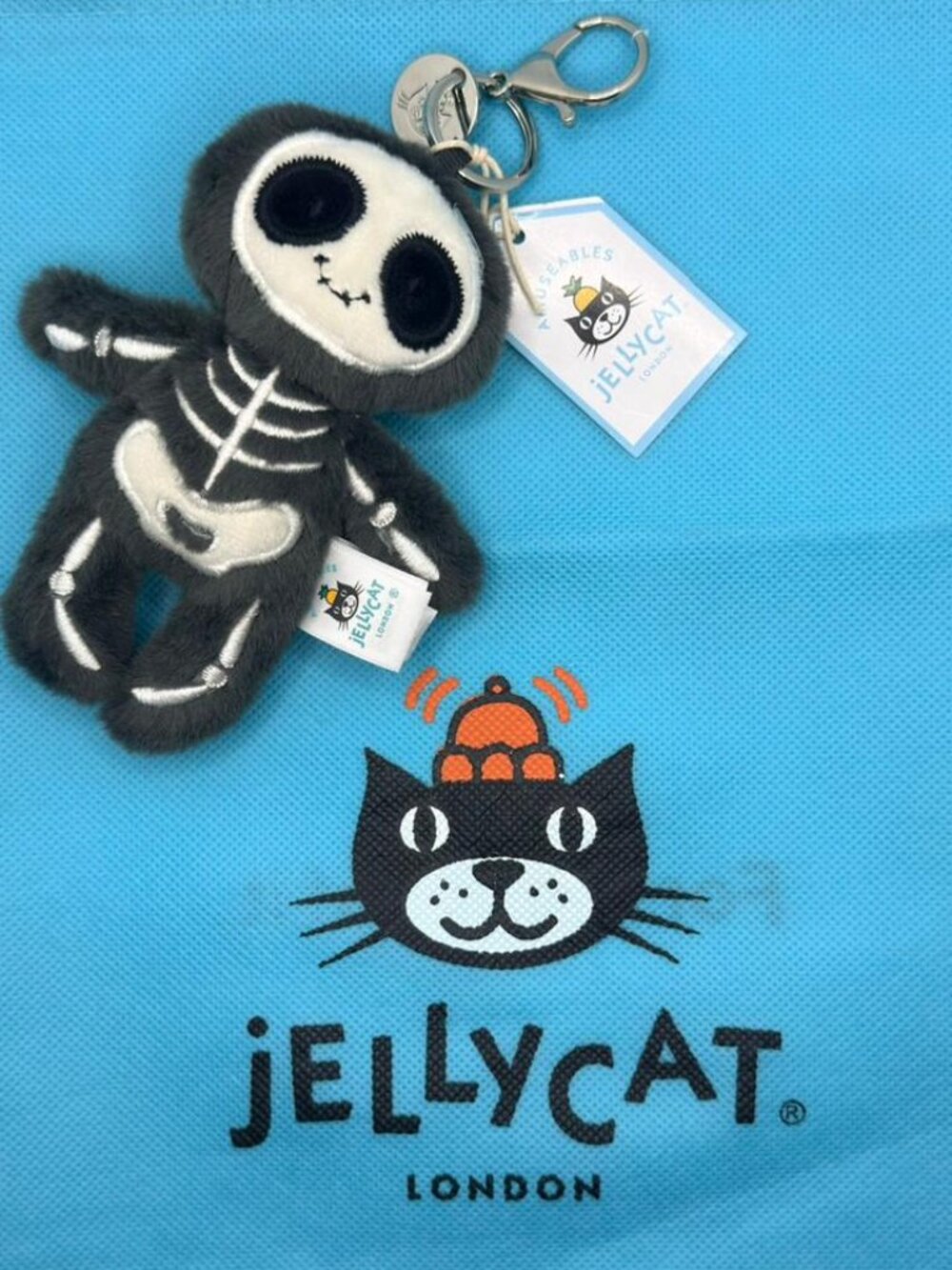 Jellycat Skeleton Bob Bag Charm Black Plush Keychain Clip